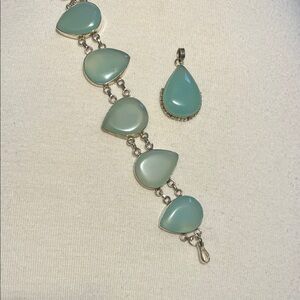 Elegant Silver and Green Chalcedony Teardrop Bracelet and Pendant Set